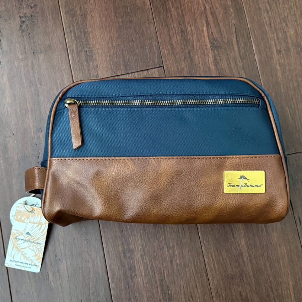NEW Tommy Bahama Men's Toiletry Shaving Dopp Travel Bag Navy Blue Brown